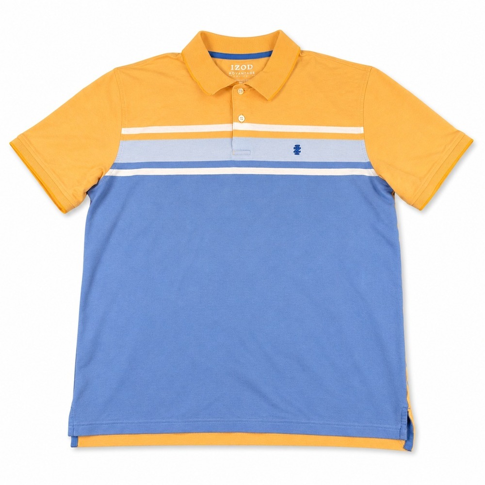 IZOD Advantage Performance Polo Shirt Men Large Orange Blue Striped Stretch Golf